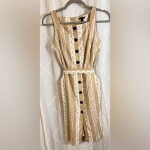 Ann Taylor | Beige and Cream Striped Boho Midi Dress with Tie Waist | Size 0P